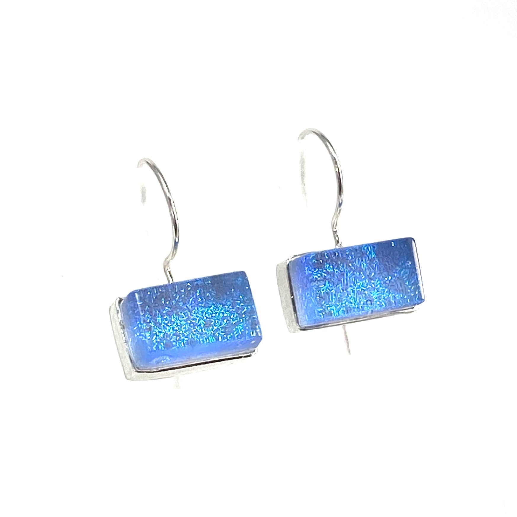 sky blue, rectangle earrings, fused glass, glass jewelry, glass and silver jewelry, handmade, handcrafted, American Craft, hand fabricated jewelry, hand fabricated jewellery,  Athen, Georgia, colorful jewelry, sparkle, bullseye glass, dichroic glass, art jewelry