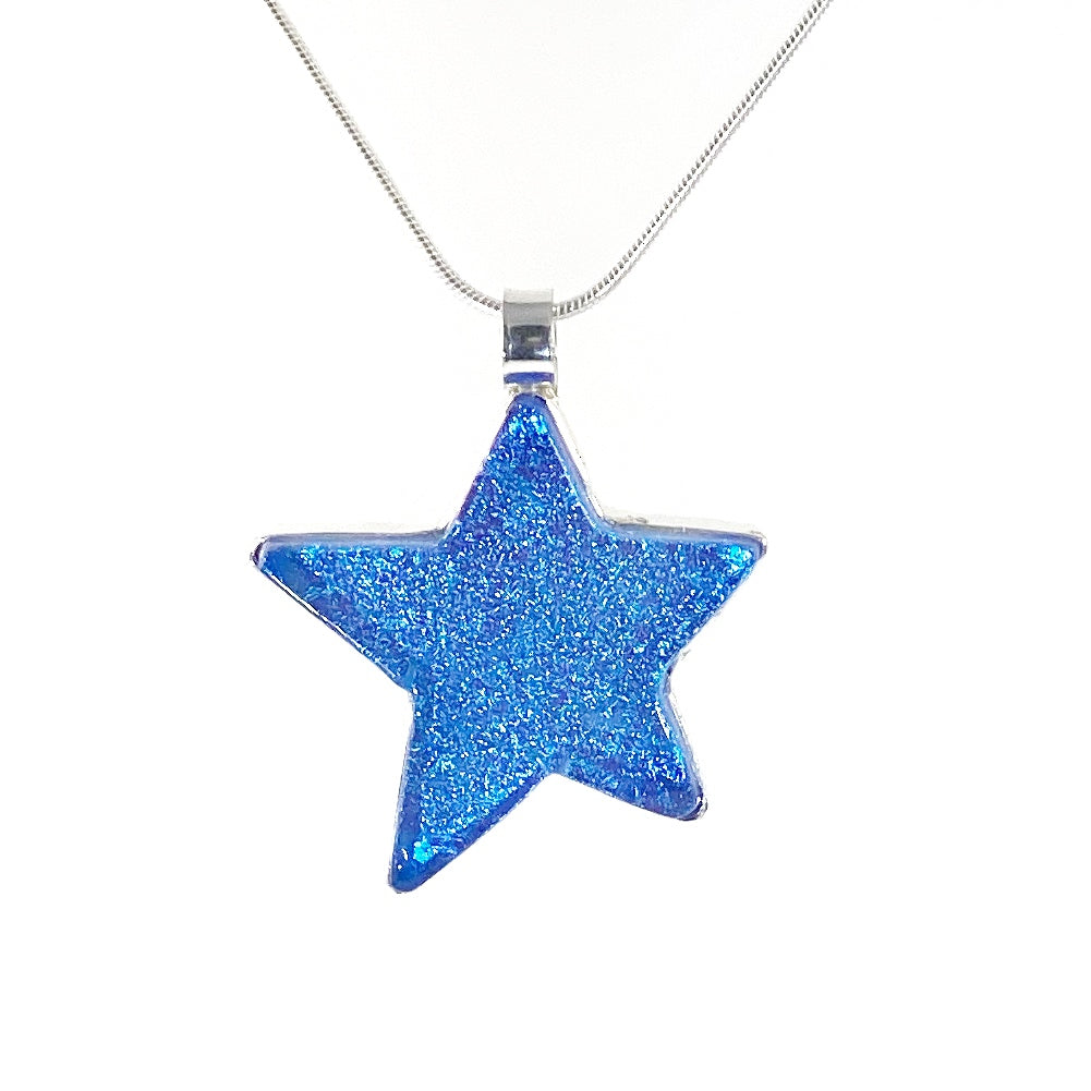 sky blue star pendant, hand cut, necklace, fused glass, glass jewelry, glass and silver jewelry, handmade, handcrafted, American Craft, hand fabricated jewelry, hand fabricated jewellery,  Athen, Georgia, colorful jewelry, sparkle, bullseye glass, dichroic glass, art jewelry