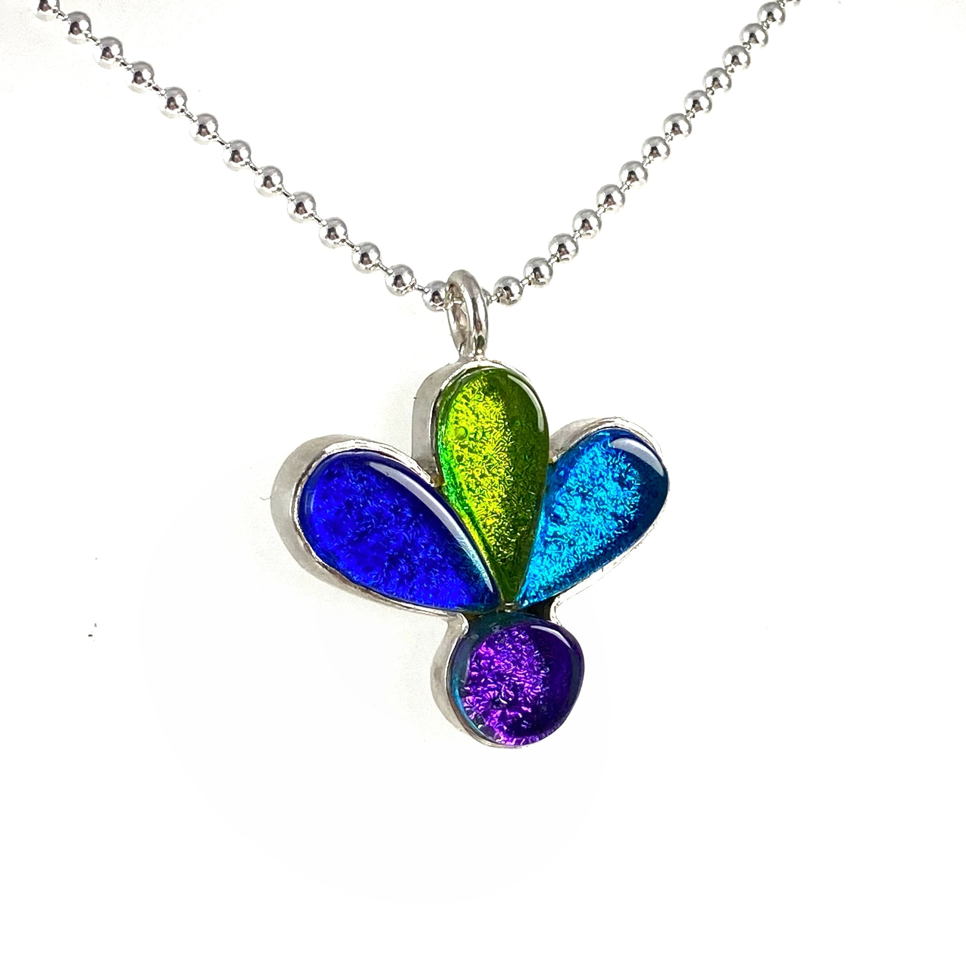 blossom flower necklace, blue, green, purple, fused glass, glass jewelry, glass and silver jewelry, handmade, handcrafted, American Craft, hand fabricated jewelry, hand fabricated jewellery, Athen, Georgia, colorful jewelry, sparkle, bullseye glass, dichroic glass, art jewelry