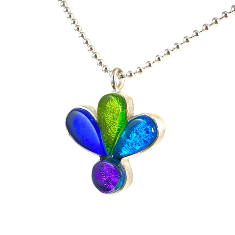 blossom flower necklace, blue, green, purple, fused glass, glass jewelry, glass and silver jewelry, handmade, handcrafted, American Craft, hand fabricated jewelry, hand fabricated jewellery, Athen, Georgia, colorful jewelry, sparkle, bullseye glass, dichroic glass, art jewelry