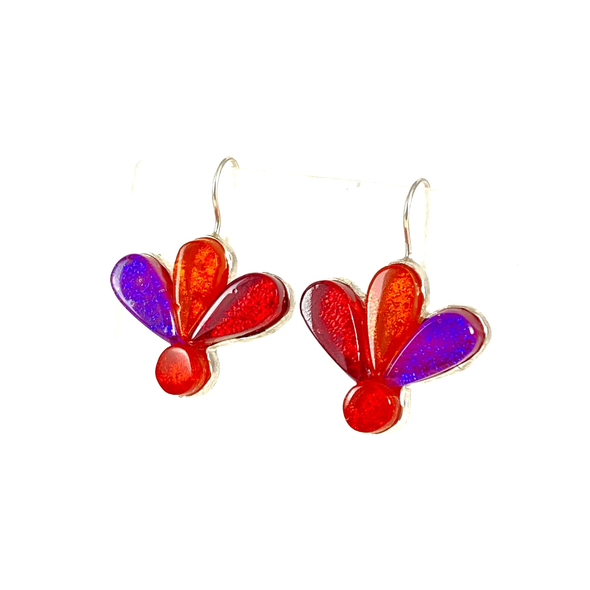 blossom flower earrings, orange, red, pink, fused glass, glass jewelry, glass and silver jewelry, handmade, handcrafted, American Craft, hand fabricated jewelry, hand fabricated jewellery, Athen, Georgia, colorful jewelry, sparkle, bullseye glass, dichroic glass, art jewelry