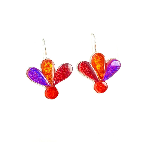 blossom flower earrings, orange, red, pink, fused glass, glass jewelry, glass and silver jewelry, handmade, handcrafted, American Craft, hand fabricated jewelry, hand fabricated jewellery, Athen, Georgia, colorful jewelry, sparkle, bullseye glass, dichroic glass, art jewelry
