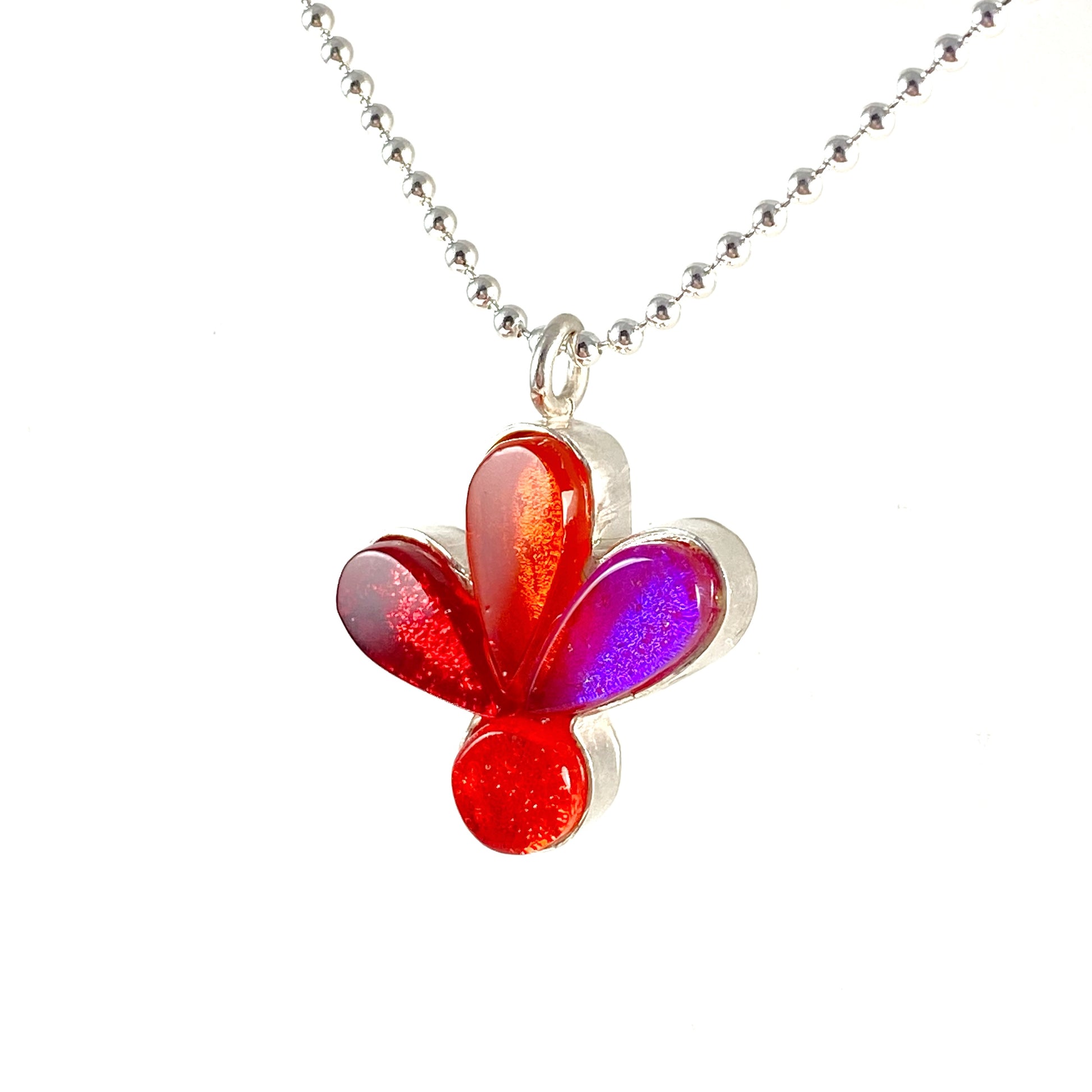 blossom flower necklace, pendant, red, orange, pink, fused glass, glass jewelry, glass and silver jewelry, handmade, handcrafted, American Craft, hand fabricated jewelry, hand fabricated jewellery, Athen, Georgia, colorful jewelry, sparkle, bullseye glass, dichroic glass, art jewelry