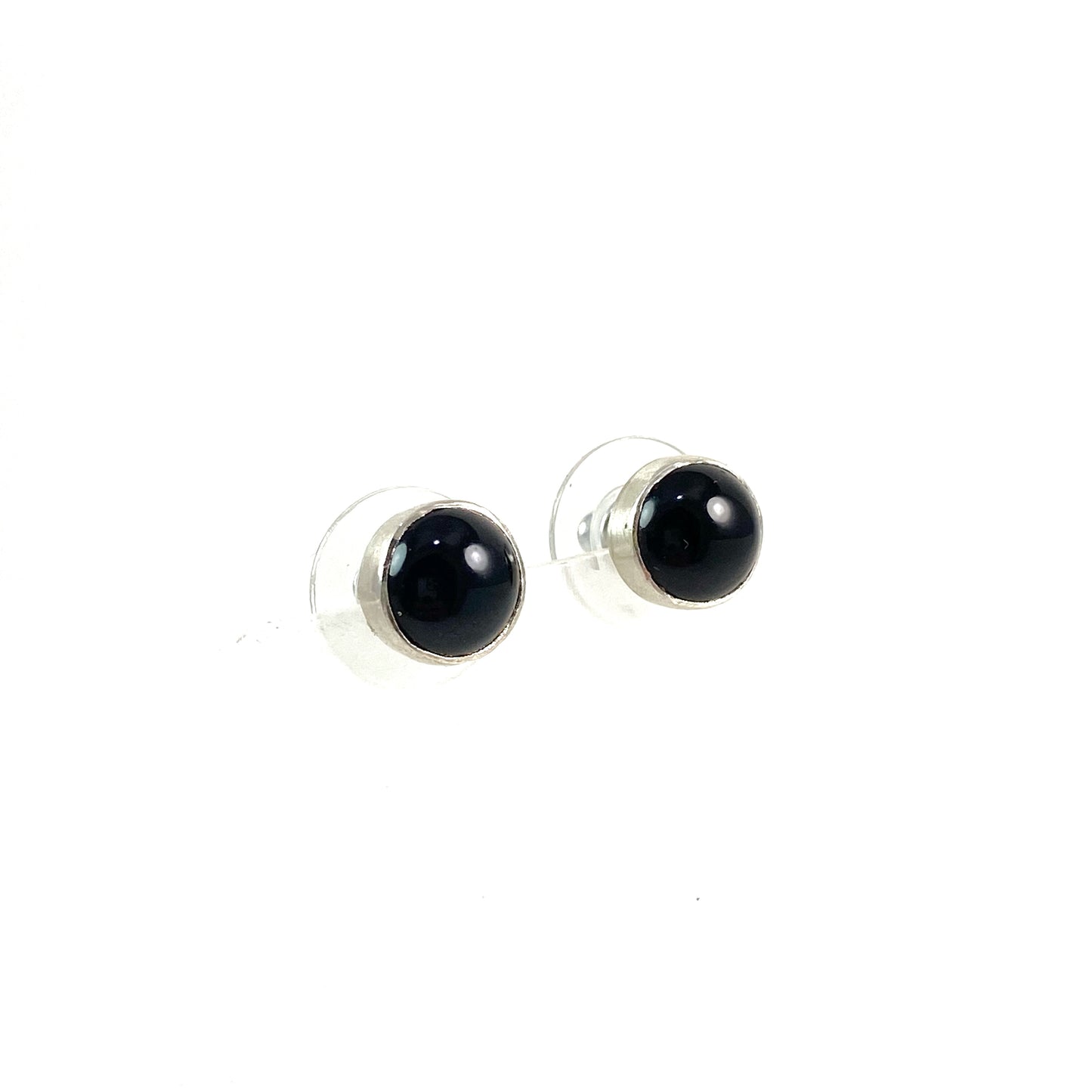 Circle post earrings in black glass, fused glass, glass jewelry, glass and silver jewelry, handmade, handcrafted, American Craft, hand fabricated jewelry, hand fabricated jewellery, Athen, Georgia, colorful jewelry, sparkle, bullseye glass, dichroic glass, art jewelry