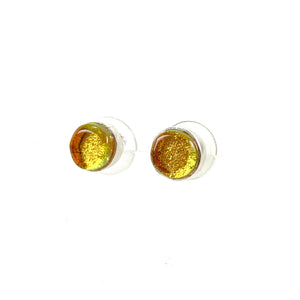Gold post circle earrings, fused glass, glass jewelry, glass and silver jewelry, handmade, handcrafted, American Craft, hand fabricated jewelry, hand fabricated jewellery, Athen, Georgia, colorful jewelry, sparkle, bullseye glass, dichroic glass, art jewelry