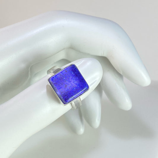 purple square ring, fused glass, glass jewelry, glass and silver jewelry, handmade, handcrafted, American Craft, hand fabricated jewelry, hand fabricated jewellery, Athens, Georgia, colorful jewelry, sparkle, bullseye glass, dichroic glass, art jewelry