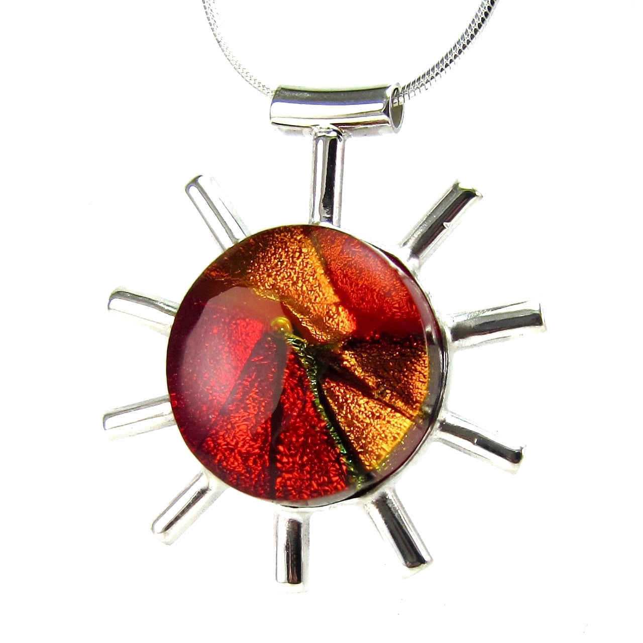 sun melange, orange, red, gold, abstract corona pendant necklace, fused glass, glass jewelry, glass and silver jewelry, handmade, handcrafted, American Craft, hand fabricated jewelry, hand fabricated jewellery, Athen, Georgia, colorful jewelry, sparkle, bullseye glass, dichroic glass, art jewelry
