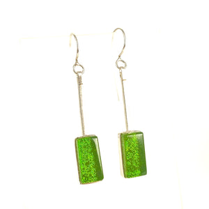 green, swing earrings, fused glass, glass jewelry, glass and silver jewelry, handmade, handcrafted, American Craft, hand fabricated jewelry, hand fabricated jewellery,  Athen, Georgia, colorful jewelry, sparkle, bullseye glass, dichroic glass, art jewelry  