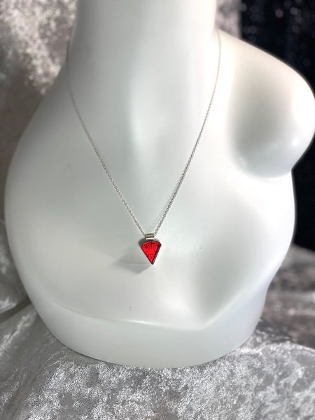 Triangle cherry red glass small necklace, sterling silver cable chain, glass jewelry, glass and silver jewelry, handmade, handcrafted, American Craft, hand fabricated jewelry, hand fabricated jewellery, Athen, Georgia, colorful jewelry, sparkle, bullseye glass, dichroic glass, art jewelry