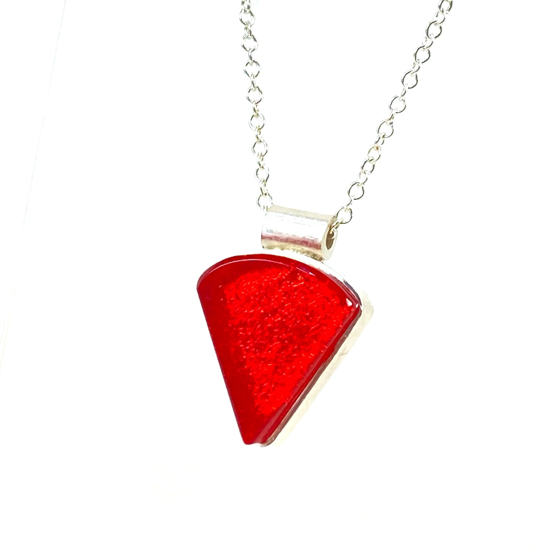 Triangle cherry red glass small necklace, sterling silver cable chain, glass jewelry, glass and silver jewelry, handmade, handcrafted, American Craft, hand fabricated jewelry, hand fabricated jewellery, Athen, Georgia, colorful jewelry, sparkle, bullseye glass, dichroic glass, art jewelry