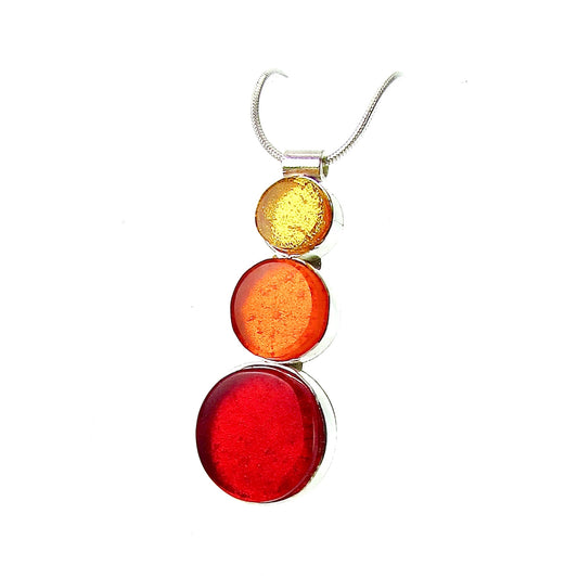 triple circle drop necklace, yellow, orange, red, fused glass, glass jewelry, glass and silver jewelry, handmade, handcrafted, American Craft, hand fabricated jewelry, hand fabricated jewellery,  Athen, Georgia, colorful jewelry, sparkle, bullseye glass, dichroic glass, art jewelry