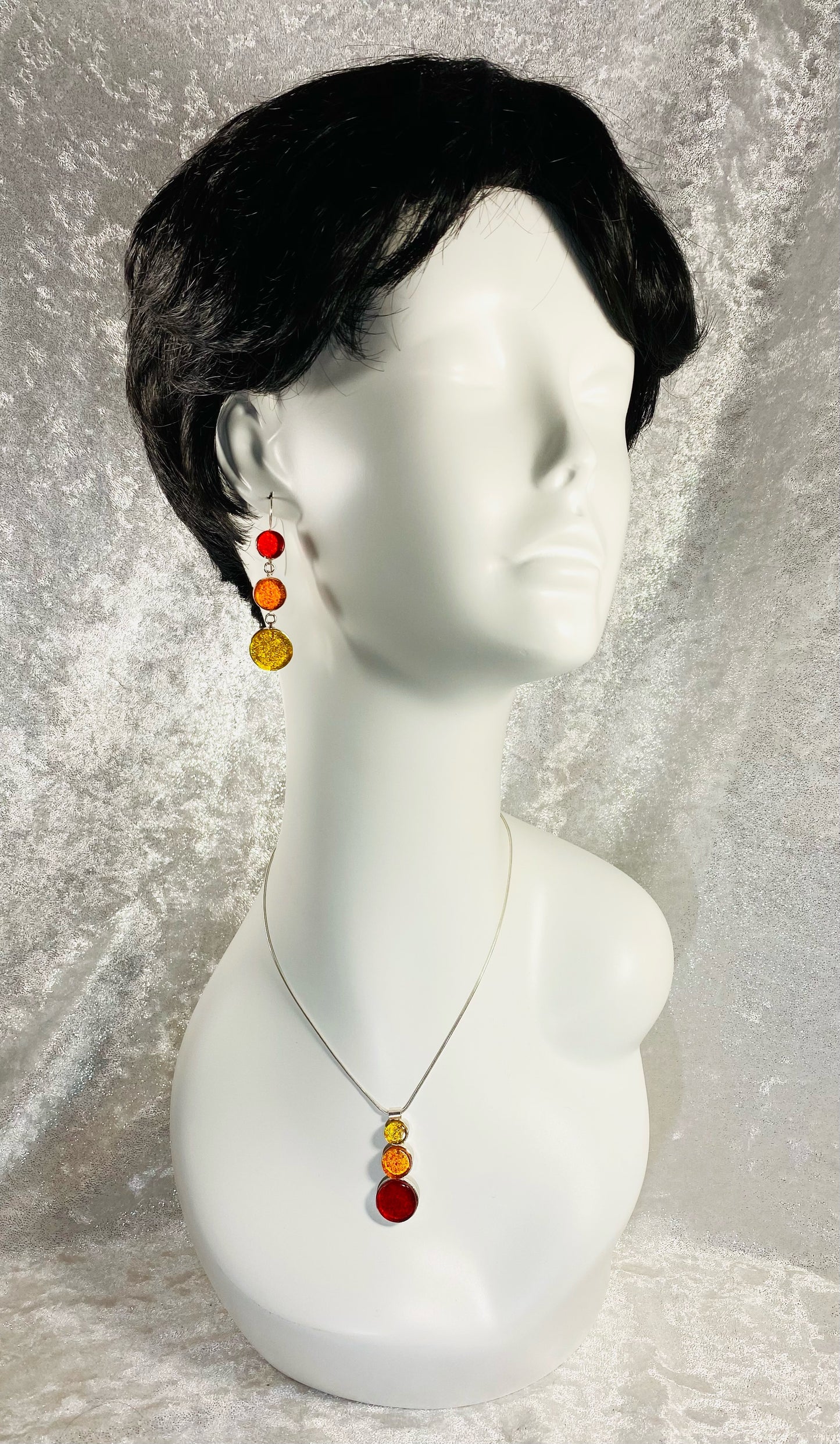 triple circle drop necklace, yellow, orange, red, fused glass, glass jewelry, glass and silver jewelry, handmade, handcrafted, American Craft, hand fabricated jewelry, hand fabricated jewellery, Athen, Georgia, colorful jewelry, sparkle, bullseye glass, dichroic glass, art jewelry