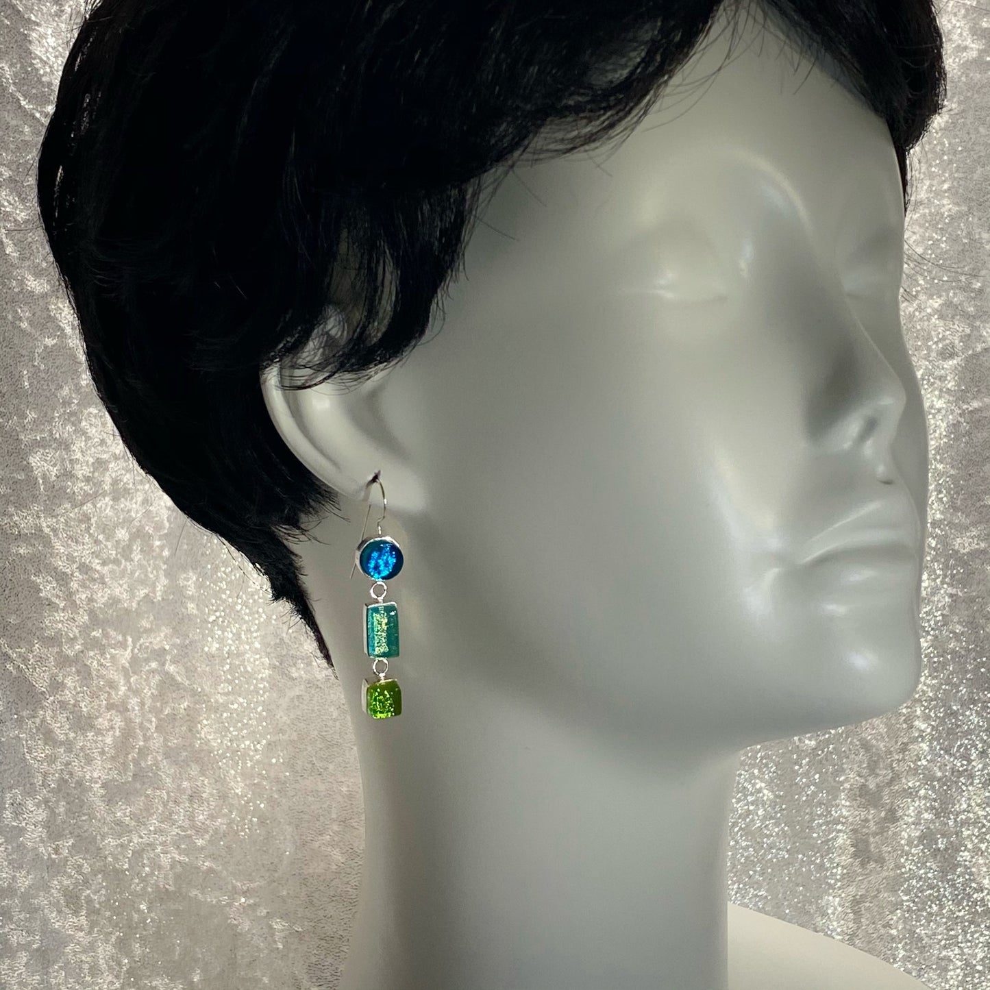 blue, green, triple drop earrings, fused glass, glass jewelry, glass and silver jewelry, handmade, handcrafted, American Craft, hand fabricated jewelry, hand fabricated jewellery, Athen, Georgia, colorful jewelry, sparkle, bullseye glass, dichroic glass, art jewelry