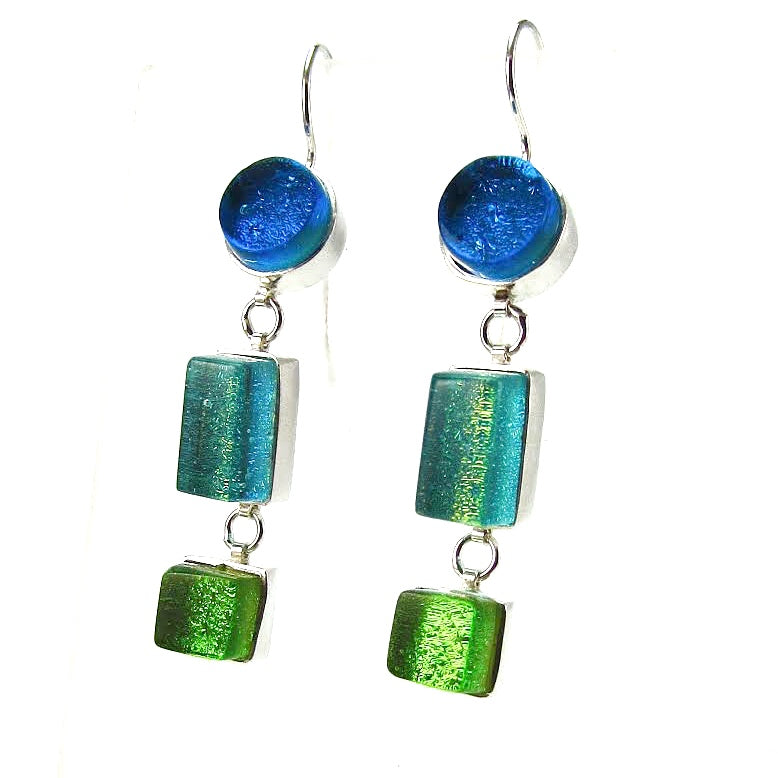 blue, green, triple drop earrings, fused glass, glass jewelry, glass and silver jewelry, handmade, handcrafted, American Craft, hand fabricated jewelry, hand fabricated jewellery,  Athen, Georgia, colorful jewelry, sparkle, bullseye glass, dichroic glass, art jewelry