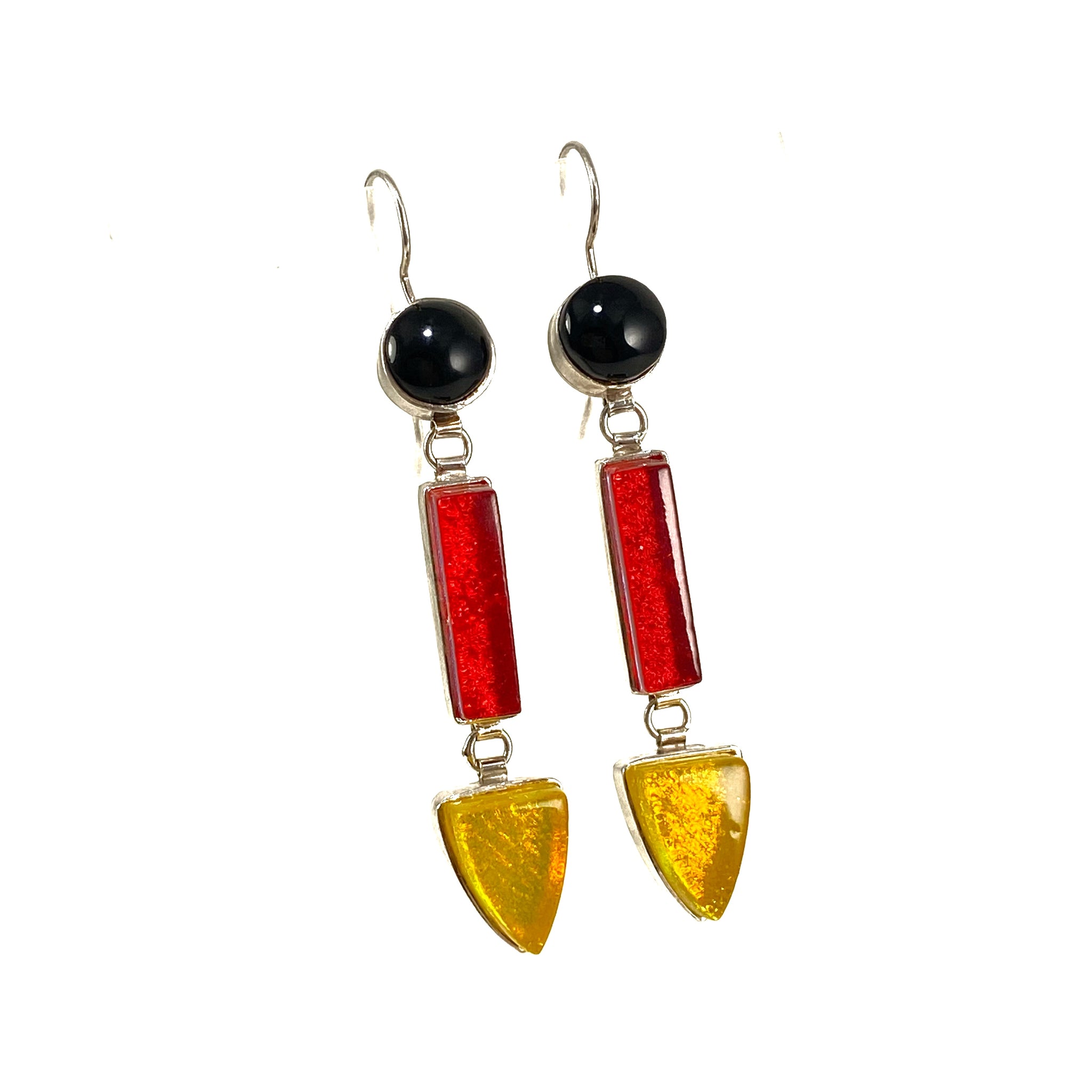 black, red, yellow, triple drop earrings, fused glass, glass jewelry, glass and silver jewelry, handmade, handcrafted, American Craft, hand fabricated jewelry, hand fabricated jewellery,  Athen, Georgia, colorful jewelry, sparkle, bullseye glass, dichroic glass, art jewelry  