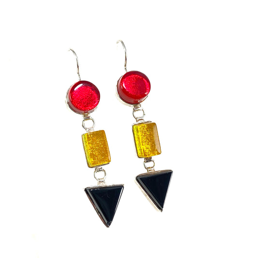 red, yellow, black, triple drop earrings, fused glass, glass jewelry, glass and silver jewelry, handmade, handcrafted, American Craft, hand fabricated jewelry, hand fabricated jewellery,  Athen, Georgia, colorful jewelry, sparkle, bullseye glass, dichroic glass, art jewelry  