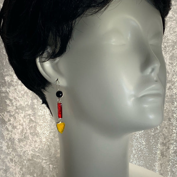 black, red, yellow, triple drop earrings, fused glass, glass jewelry, glass and silver jewelry, handmade, handcrafted, American Craft, hand fabricated jewelry, hand fabricated jewellery, Athen, Georgia, colorful jewelry, sparkle, bullseye glass, dichroic glass, art jewelry
