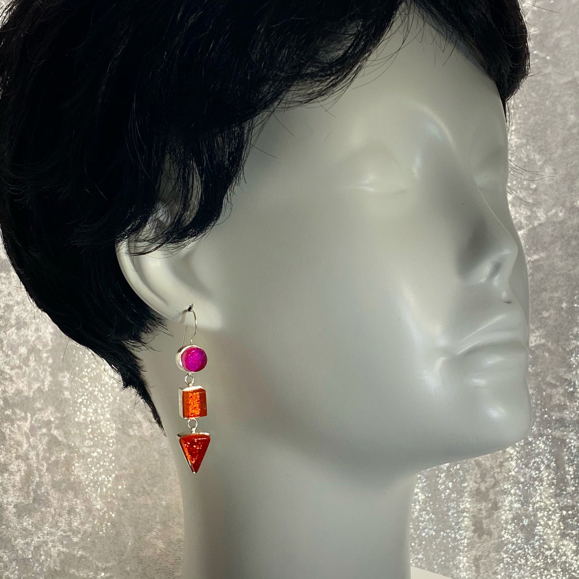pink, orange, triple drop earrings, fused glass, glass jewelry, glass and silver jewelry, handmade, handcrafted, American Craft, hand fabricated jewelry, hand fabricated jewellery, Athen, Georgia, colorful jewelry, sparkle, bullseye glass, dichroic glass, art jewelry