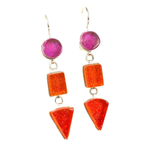 pink, orange, triple drop earrings, fused glass, glass jewelry, glass and silver jewelry, handmade, handcrafted, American Craft, hand fabricated jewelry, hand fabricated jewellery,  Athen, Georgia, colorful jewelry, sparkle, bullseye glass, dichroic glass, art jewelry