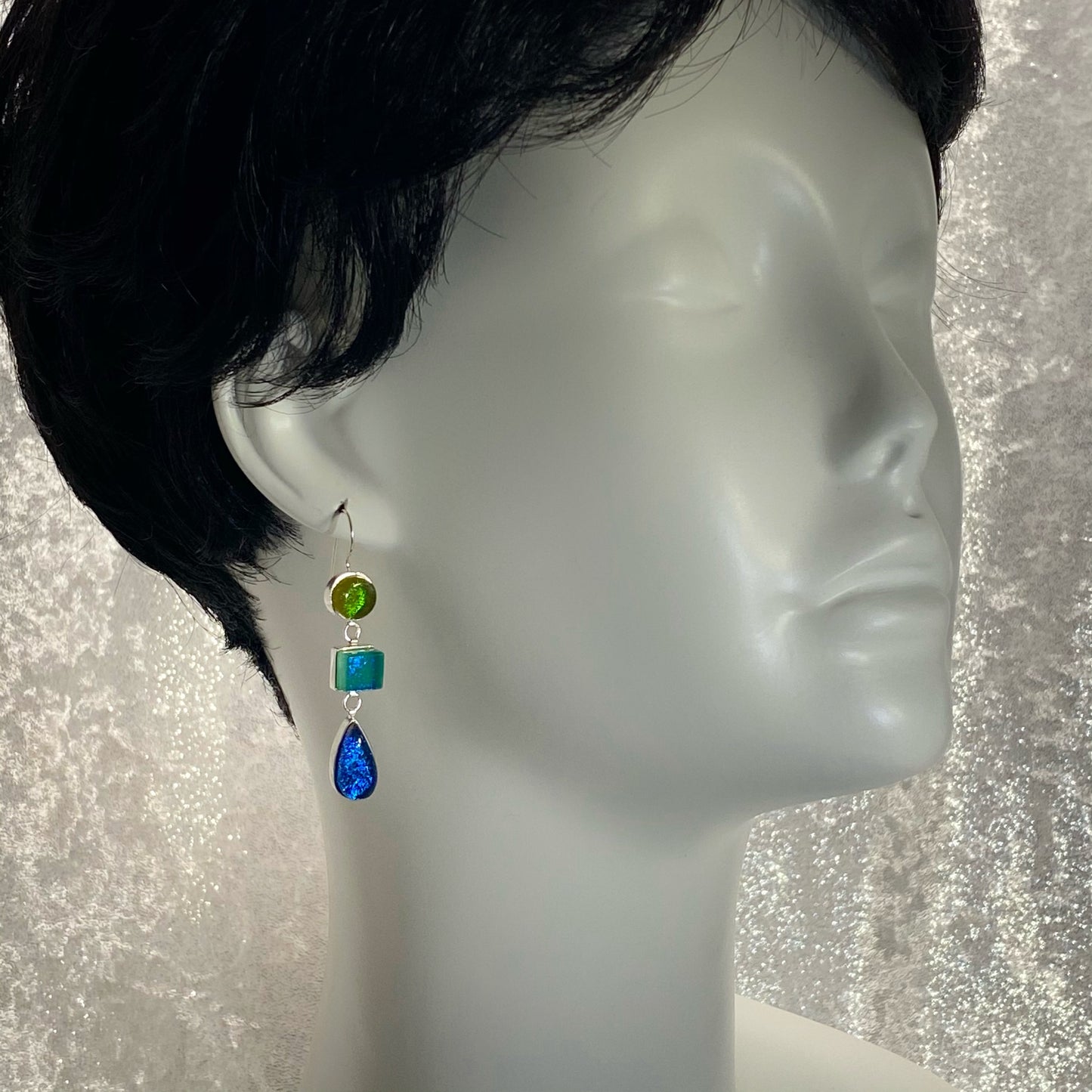 green blue, triple drop earrings, fused glass, glass jewelry, glass and silver jewelry, handmade, handcrafted, American Craft, hand fabricated jewelry, hand fabricated jewellery, Athen, Georgia, colorful jewelry, sparkle, bullseye glass, dichroic glass, art jewelry