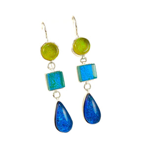 green blue, triple drop earrings, fused glass, glass jewelry, glass and silver jewelry, handmade, handcrafted, American Craft, hand fabricated jewelry, hand fabricated jewellery,  Athen, Georgia, colorful jewelry, sparkle, bullseye glass, dichroic glass, art jewelry