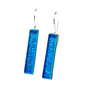 turquoise, blue, earrings, fused glass, glass jewelry, glass and silver jewelry, handmade, handcrafted, American Craft, hand fabricated jewelry, hand fabricated jewellery,  Athen, Georgia, colorful jewelry, sparkle, bullseye glass, dichroic glass 