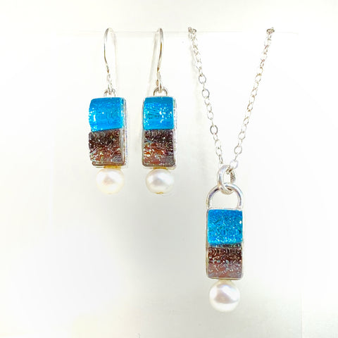 two tone, rectangle glass earrings and necklace, pearls, blue, brown, fused glass, glass jewelry, glass and silver jewelry, handmade, handcrafted, American Craft, hand fabricated jewelry, hand fabricated jewellery, Athen, Georgia, colorful jewelry, sparkle, bullseye glass, dichroic glass, art jewelry