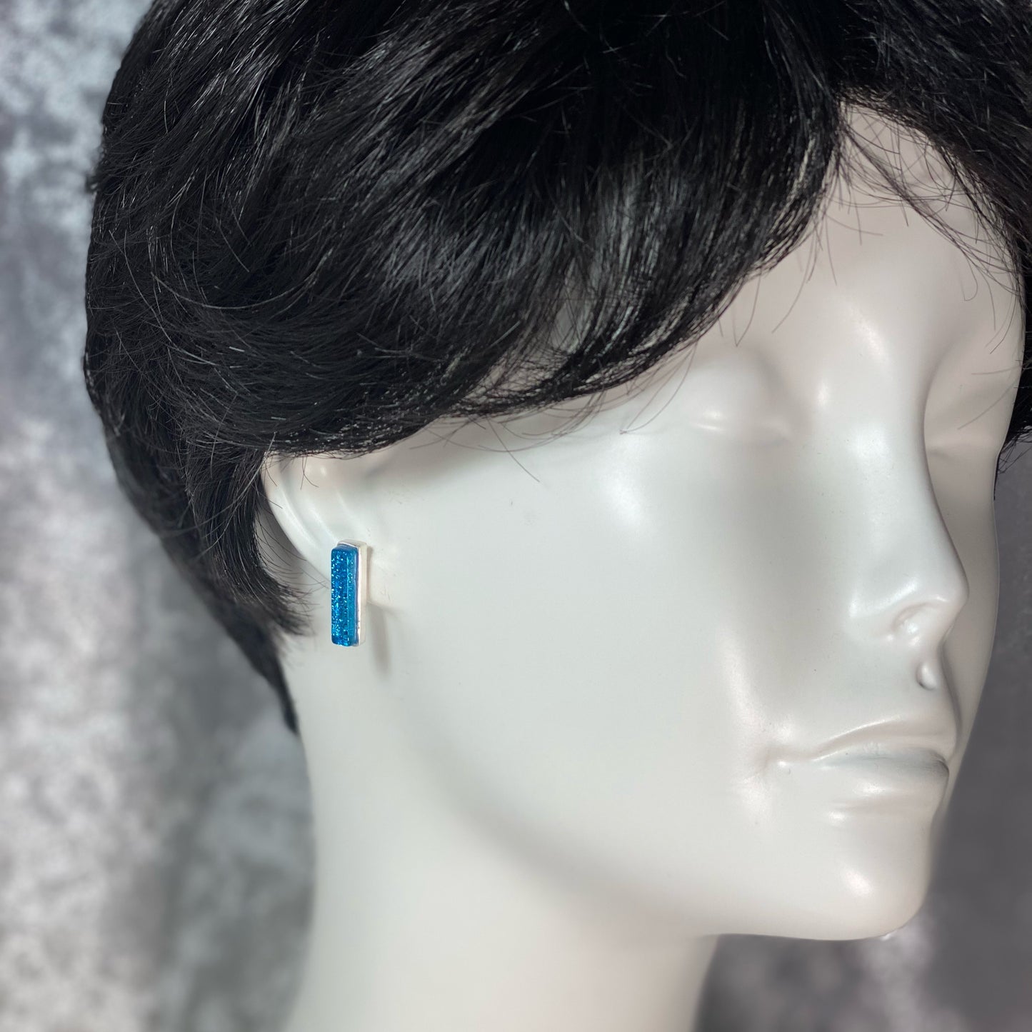 silver blue, rectangle post earrings, fused glass, glass jewelry, glass and silver jewelry, handmade, handcrafted, American Craft, hand fabricated jewelry, hand fabricated jewellery, Athen, Georgia, colorful jewelry, sparkle, bullseye glass, dichroic glass, art jewelry