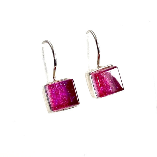 watermelon, pink, square earrings, fused glass, glass jewelry, glass and silver jewelry, handmade, handcrafted, American Craft, hand fabricated jewelry, hand fabricated jewellery,  Athen, Georgia, colorful jewelry, sparkle, bullseye glass, dichroic glass, art jewelry