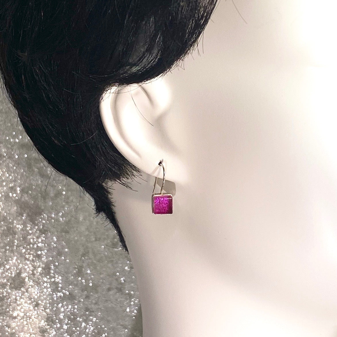 watermelon, pink, square earrings, fused glass, glass jewelry, glass and silver jewelry, handmade, handcrafted, American Craft, hand fabricated jewelry, hand fabricated jewellery, Athen, Georgia, colorful jewelry, sparkle, bullseye glass, dichroic glass, art jewelry