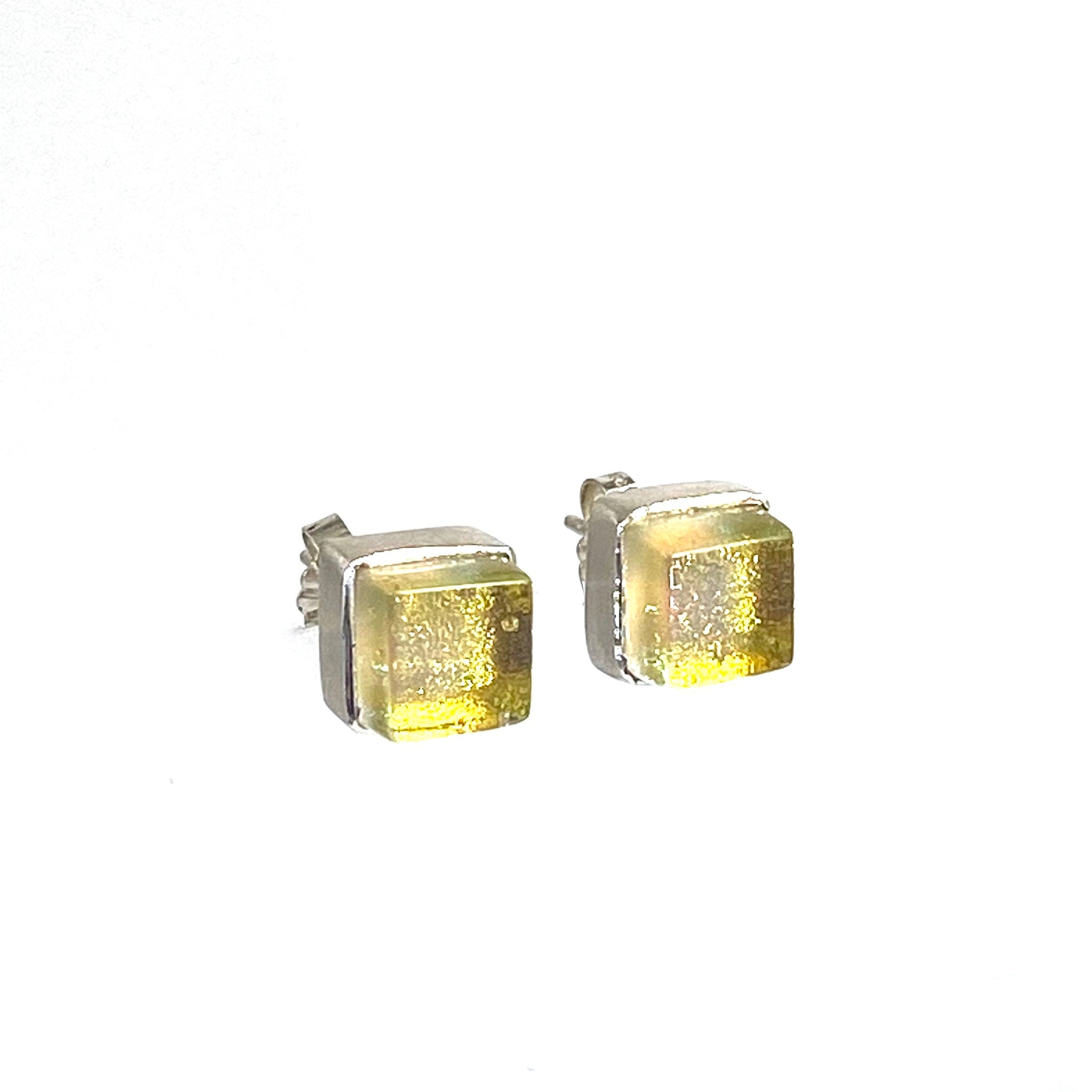 champagne, yellow, square earrings, fused glass, glass jewelry, glass and silver jewelry, handmade, handcrafted, American Craft, hand fabricated jewelry, hand fabricated jewellery,  Athen, Georgia, colorful jewelry, sparkle, bullseye glass, dichroic glass, art jewelry