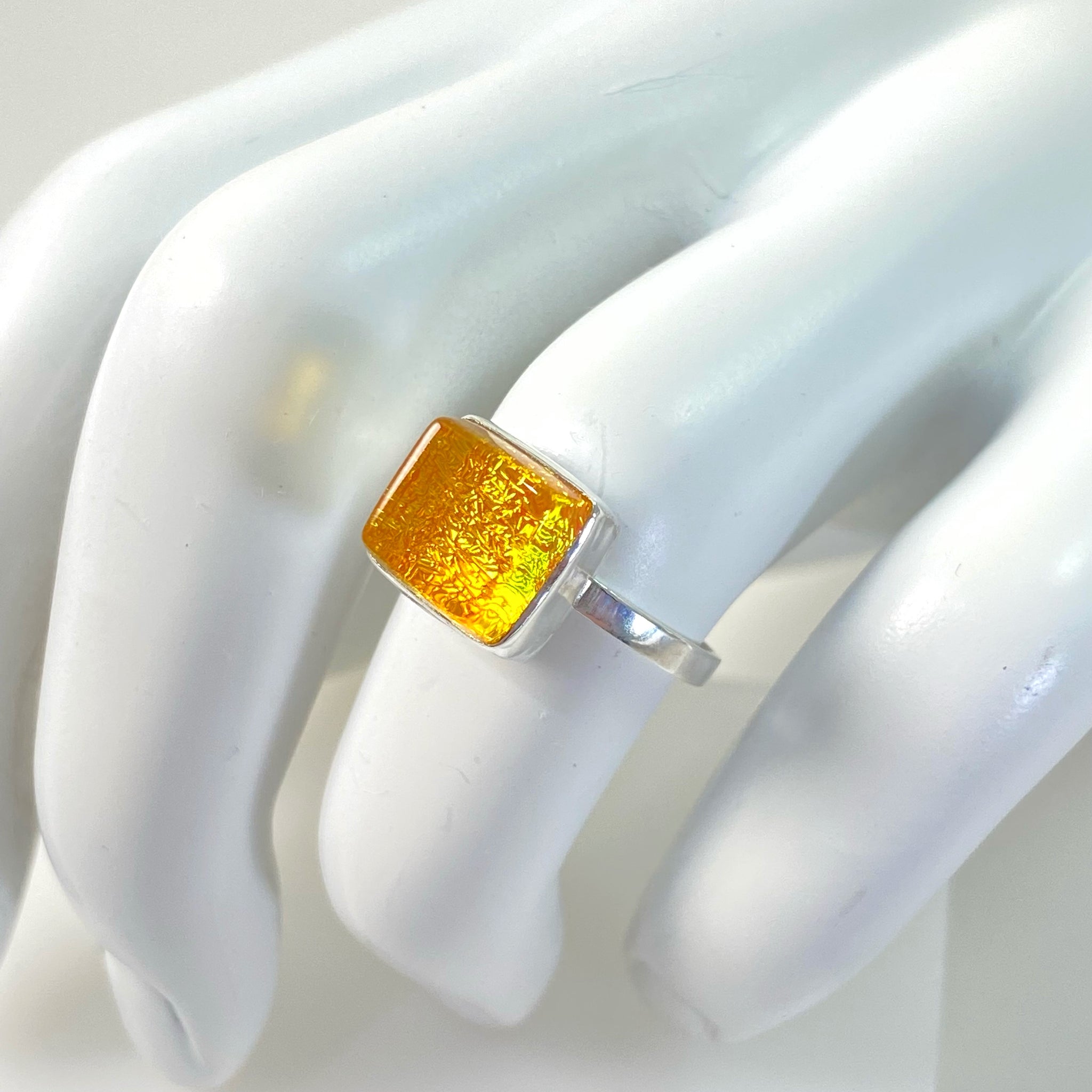 sunshine yellow glass square ring, fused glass, glass jewelry, glass and silver jewelry, handmade, handcrafted, American Craft, hand fabricated jewelry, hand fabricated jewellery, Athen, Georgia, colorful jewelry, sparkle, bullseye glass, dichroic glass, art jewelry